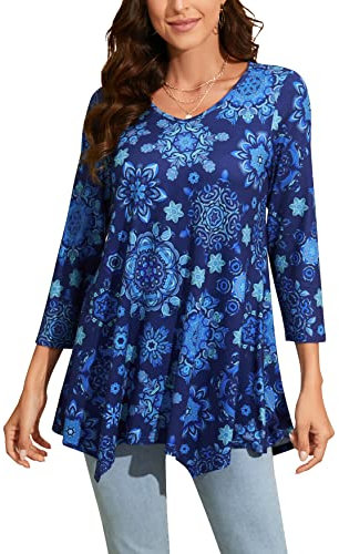 Enmain Camiseta Mujer Manga 3/4 Top Túnica Larga Cuello de Pico Blusa Elegante y Cómoda Talla Grande Tops Estampadas T Shirt para Mujeres,Azul 1,XL