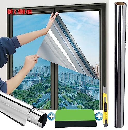 Spiegelfolie Selbstklebend | UV-Schutz Sonnenschutzfolie Fenster Innen oder Außen | Selbsthaftend Silber reflektierende Fensterfolie | Rückstandslose Sonnenschutz Folie für Büro und Haus (60 X 400 cm)