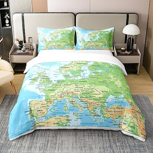 Bettwäscheset aus 100 % natürlicher Baumwolle, Weltkarte, Doppelbett, blaues Ozean-Bettwäsche-Set für Kinder, Jungen, Mädchen, Karte verschiedener Länder, Bettbezug, abstrakte Kunst, Bettbezug,