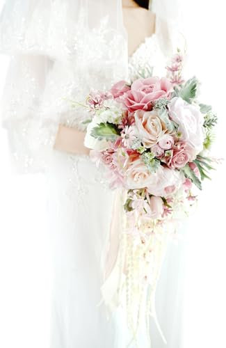 Yelinart Bouquet da sposa con rose artificiali bianche da 28 cm, bouquet da sposa con cascata, bouquet da sposa rustico bohémien, vintage, cerimonia nuziale, feste e anniversari
