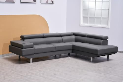 Grey Bonded Leather Sofa - Luxury L Shape Right Corner Suite For Living Room Furniture - Modern Adjustable Headrests With Cup Holder - Cheap Couches (RIGHT HAND SIDE)