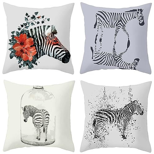 EHOMERY Kissenbezüge Leinen Kissenbezug Sitzkissen Polyester Kissenbezüge Muster Kissenbezug XXL Zebra-Blumenmuster Zierkissenbezüge Sofadekoration Weiß Grau Grün 45x45cm, 4Pcs