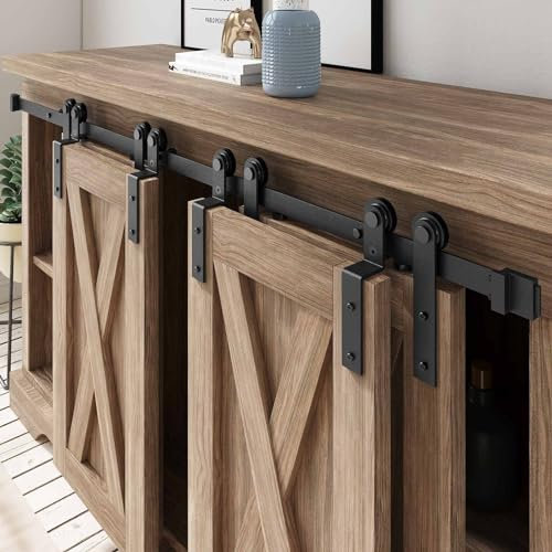 FREDBECK 6 FT Mini Cabinet Bypass Barn Door Hardware Kit Single Track 72inch Small Sliding Barn Doors Track Kit for 4 Doors Storage Closet Window TV Stand Wardrobe (No Cabinet)