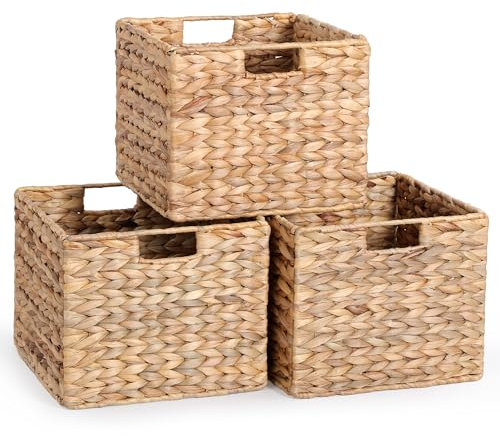 12x12x10 Water Hyacinth Folding Cube Wicker Storage Basket for Shelves, Pantry Organization, Kitchen Storage