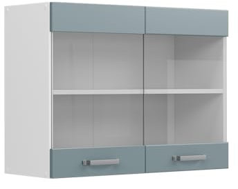 Vicco Küchenglasschrank R-Line, Glashängeschrank, Blau-Grau/Weiß, 80 cm