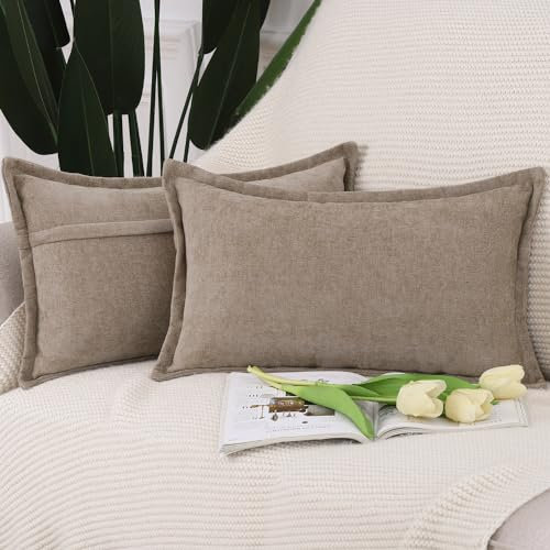 Madizz 2er Set Fransen Chenille Schlicht Zierkissenbezüge Modern Kissenbezug Kissenhülle Sofakissen Lendenkissen für Sofa Schlafzimmer Taupe 40x80 cm