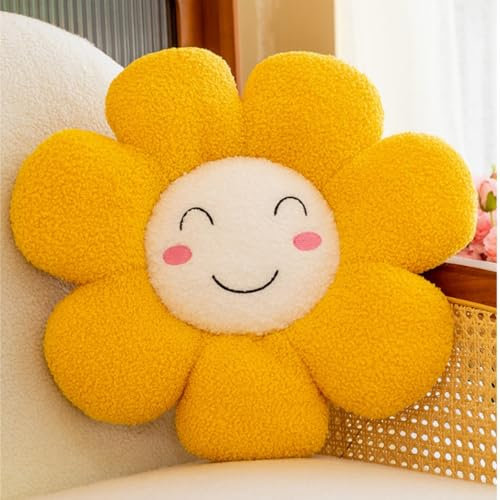 OUKEYI 15.7in /40cm Flower Floor Pillow Sun shaped smiling face Cushion Cute Seating Pad,Cute Sun flower Smiling Face Pillow Plush Toy Home Bedroom Shop Restaurant Decor (Yellow)