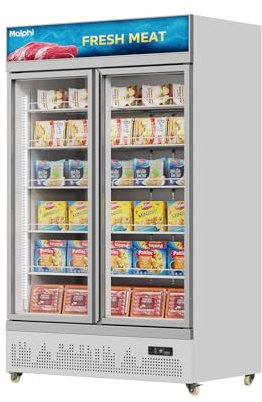 Malphi Commercial Refrigerator with Lighting Box 400Litre Upright Freezer -22℃ to -18℃ Self-Closing Door Display Fridge H1980xD750xW750mm Adjustable Shelves for Ice Cream Meat (White, Double Doors)