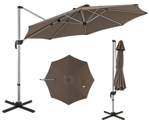 COSTWAY Sombrilla Terraza Exterior con Base 3.39x3.39m, Parasol Jardin Excentrico, Rotación de 360°, Inclinación Ajustable, Guarda Sol Jardin Exterior, Manivela y Base en Cruz (café)