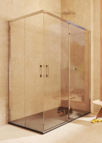 Paroi de douche d'angle RÉVERSIBLE 77,5-80 x 137,5-140cm - H 195cm Chrome | Paroi d'angle (coulissante + fixe) + (coulissante + fixe), Avec profilé inférieur, Verre de sécurité 6 mm, anticalcaire