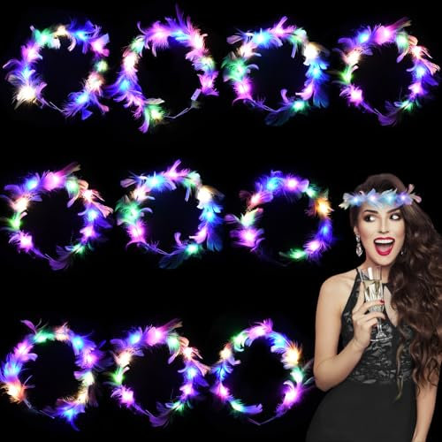 10 pcs LED Guirlande de Plume, Bandeau Cheveux LED, Serre Tete Lumineux LED, Bandeau Cheveux Lumineux, Couvre-Chef Décoratif pour Filles, Adapté aux Mariages, Halloween, Fêtes, Anniversaires
