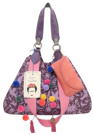 Fritzi x Frida Kahlo Izzy Limited Denim Shopper Damen Schultertasche Handtasche Freizeit Alltag Arbeit Festival Druckknopf Canvas 29 x 42 x 15 cm – Rosa, Pink, Lila, Grün, Orange, Blau