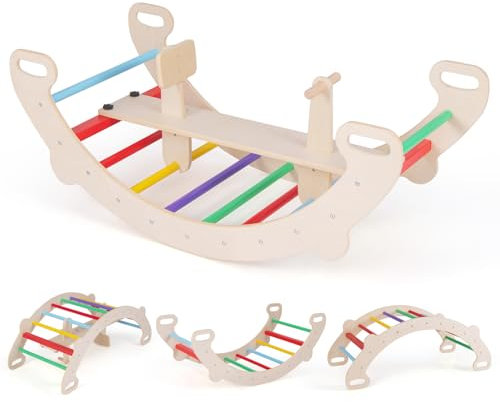 COSTWAY Toddler Climbing Frame, 4-in-1 Wooden Arch Climber Rocking Toys, Indoor Montessori Play Gym for Kids