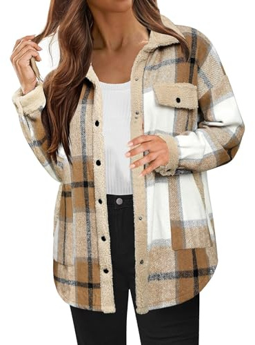 Veste de chemise pour femme à carreaux en polaire - Veste de bûcheron - Boutonnière - Veste de sport à manches longues - Veste d'hiver moelleuse - Coupe-vent - Chaude - Avec poche