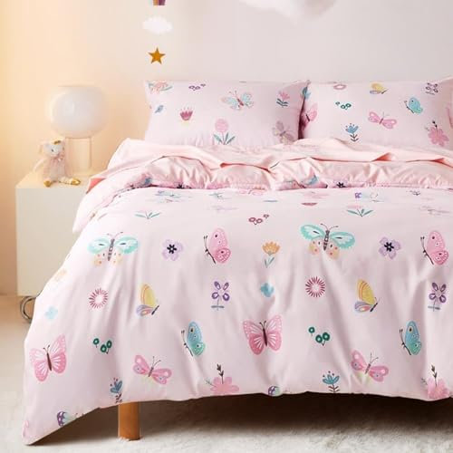 Freyamy Kinder Bettwäsche 135x200cm 2teilig Rosa Bunt Schmetterling Blume Wendebettwäsche Gebürstet Microfaser Kinderbettwäsche Mädchen Bettbezug mit Reißverschluss und Kissenbezug 80x80cm