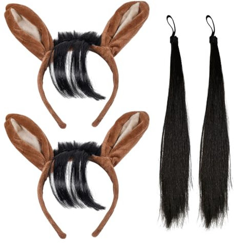 TUONYIS 4 Pièces Oreilles de Cheval sur Bandeau et Queue, Bandeau de Noël, Cornes de Taureau Ensemble de Costumes, pour Garçons et Filles Adultes, Accessoires Sur le Thème du Festival Diable(Marron)