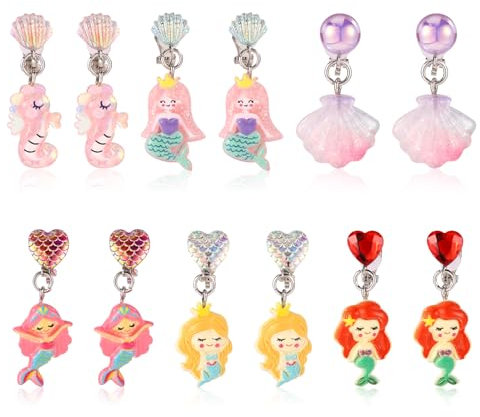 6 Paar Bunte Ohrclips zum Anklipsen, Meerestier Ohrclips Meerjungfrau Muschel Seepferdchen Nicht Durchbohrte für Prinzessinnen zum Anziehen Schmuckzubehör für Prinzessinnen