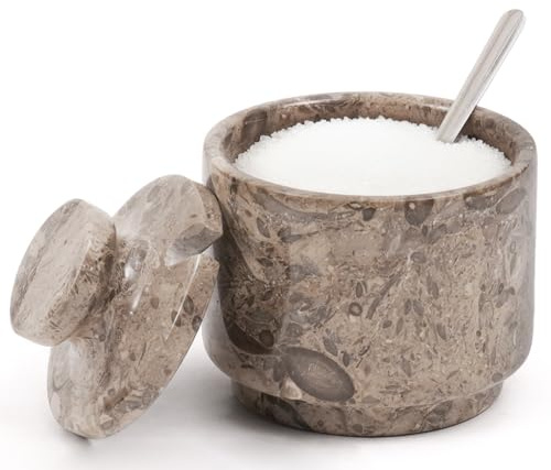 MARBLOUS KRAFTS Salzkeller aus Marmor, Ozeanisch, 7,6 cm, flockige Salzschale für Arbeitsplatte, ideale Gewürzbox, Süßigkeitenschale, braune Zuckerdose mit Deckel und Löffel, Küchenaufbewahrung
