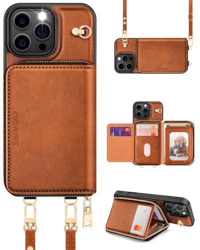 OCASE for iPhone 16 Pro Max Case, PU Leather Crossbody Zipper Wallet Case with Wrist Strap Lanyard, Kickstand, RFID Blocking Card Slots, Shockproof Phone Cover for 6.7 Inch iPhone 16 Pro Max, Brown