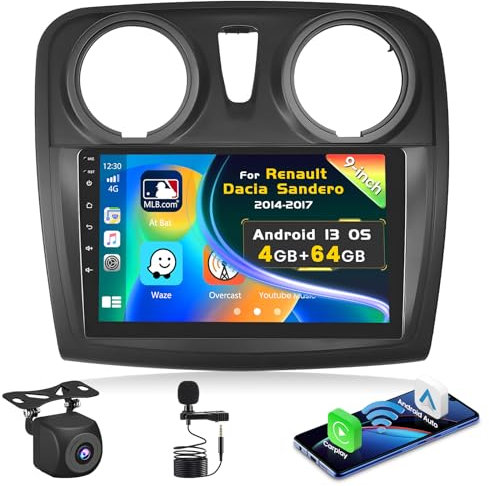 Inefala Upgrade 4G+64G 9 Inch Touchscreen Car Radio para Renault Dacia Sandero 2014-2017, Radio con Wireless CarPlay y Android Auto GPS WiFi BT RDS FM USB SWC Mic Cámara de visión Trasera