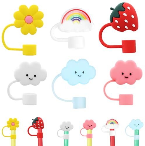 6pcs Straw Covers Cap for Stainly Cup Dust-Proof Silicone Straw Toppers Reusable Straws Cover Tips Accessories Suitable for 30oz & 40oz Straw Lid Covers, Stanley Cup 9-10MM (Clouds+Strawberry-6-Pack)