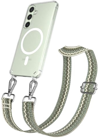 EAZY CASE Handykette - Verstellbares Taschenband kompatibel mit Galaxy S24, Schulterriemen, Handykordel mit Silikon Hülle, Qi Charging kompatibel, Umhängetasche, Wellen - Grün Beige Metall Silber