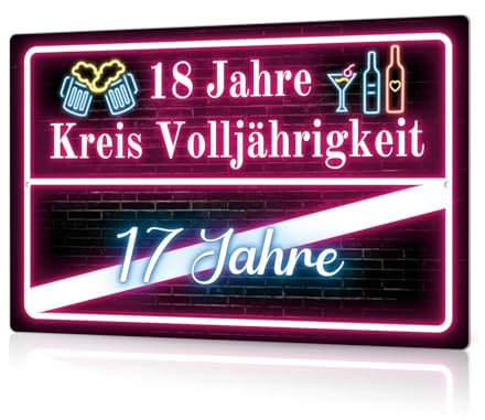 Putuo Decor Neon Metall Blechschild 18 Jahre Kreis Volljährigkeit - Lustige Geburtstag Deko, Party Wanddeko, Geschenk für Erwachsene, 30x20cm