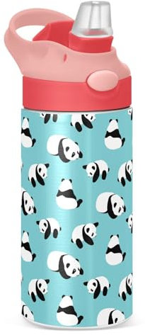 Mnsruu Bouteille d'eau bébé avec paille 350 ml avec panda bleue en acier inoxydable isolée à l'épreuve des fuites pour filles sans BPA