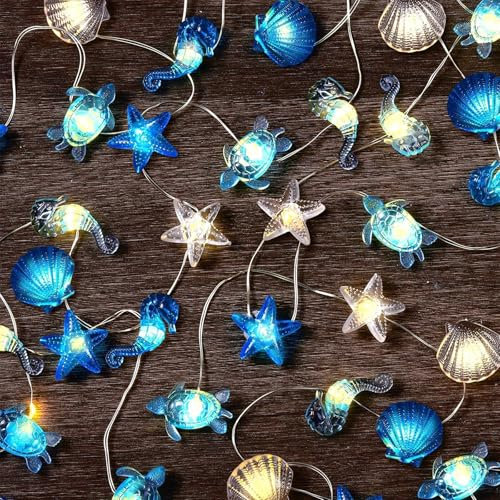 YeahBoom Lichterkette Meerestiere,300CM 30LED Thema Meeresleben Lichterkette Batteriebetrieben,Seepferdchen Seestern Schildkröte Muscheln Lichterkette,für Kinderzimmer Party Geburtstagsdeko