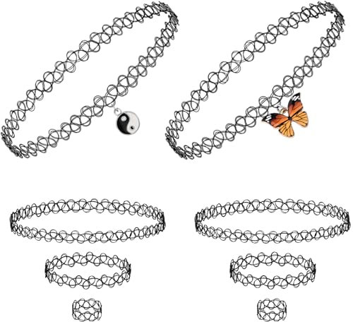 8 Stück Schwarz Halsketten Set,4 Hohlgewebe Halskette 2 Armband und 2 Ring, Stretch Tattoo Halskette Elastische Halsband Vintage 90er Jahre Stil, für Damen Halloween Karneval Party Kostüm Zubehör