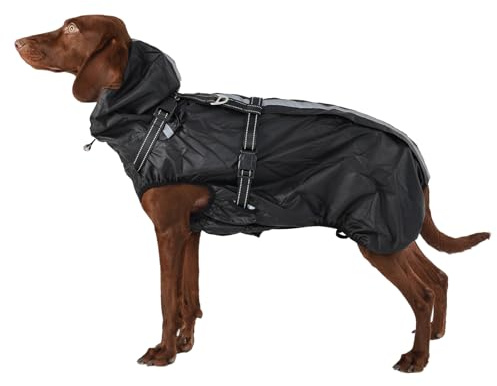 OUOBOB Hunderegenmantel wasserdicht, Regenjacke mit reflektierenden Streifen, H-Brustgeschirr (D-Ring) & Abnehmbarer Kapuze mit Visier, Ideal für mittelgroße/große Hunde [Schwarz, Größe 2XL]