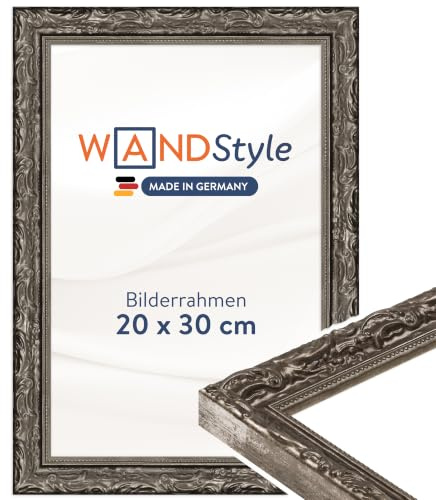 WANDStyle silberner Bilderrahmen 20x30 Holz, Bilderrahmen Silber Vintage | Hochwertiger Holzbilderrahmen Antik, Posterrahmen zum Aufhängen, Rahmen 30x20 cm, Fotorahmen H530 Made in Germany