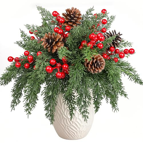 Larber 80 Stück Künstliche Roten Beeren Künstliche Tannenzweige Tannenzapfen Picks Set für Weihnachtsbaum Weihnachtskranz Girlande Handwerk DIY Bastelgeschenk Verpackung Home Dekoration