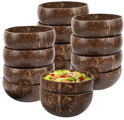 YOFAPA 14 cuencos de cáscara de coco, pequeños cuencos de madera natural, cuencos rústicos para servir batidos, acai, ensaladas, aperitivos, regalos veganos, decoración de cocina, picnic, comida