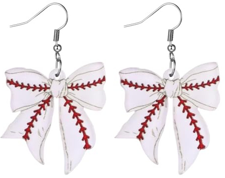 JewelryWe Baseball Schleife Ohrringe Damen: S925 Silber Hypoallergene Hängerohrringe mit Acryl-Schleifenanhänger Cheerleader Fan Ohrhänger Sport Schmuck für Mädchen Teenager Sportliebhaber, Weiß