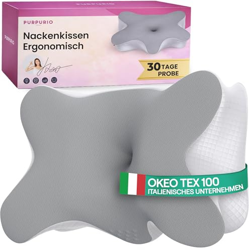 Purpurio Wirbelsäulen Linie™ Kopfkissen Nackenschmerzen - Ergonomisches Kopfkissen mit 2 Höhenstufen aus Memory Foam, Nackenkissen mit Abnehmbarem und Waschbarem Bezug Anti Schnarch Kissen