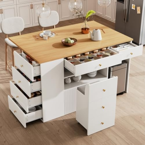 Seaforie Kücheninsel mit Sitzgelegenheit, Kücheninsel mit Arbeitsplatte, Klappbares Arbeitsplatte aus Eichenholz, Küchenschrank mit 6 Schubladen, für Küche und Esszimmer, 140×40(70)×89cm, Weiß