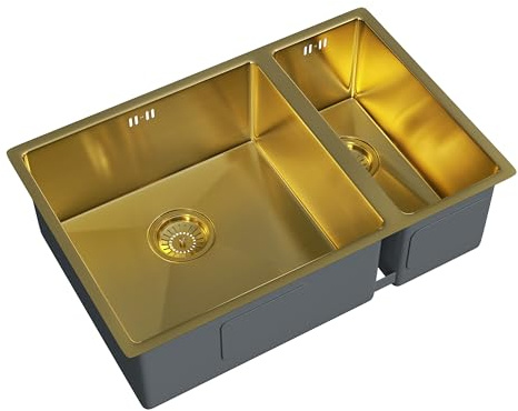 Flode 1.5 Bowl 670x440mm Undermount Kitchen Sink & Waste Kit – Brushed Gold Stainless Steel 205mm Deep 90mm Waste Included