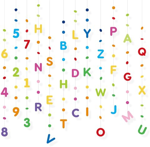 12 Stück Schulanfang Girlande Einschulung Deko, Buchstaben Zahlen Kreise Karton Girlande, Doppelseitig Bunte ABC 123 Fertige Anhänger für Klassenzimmer Kinderzimmer Schulkind Geburtstag