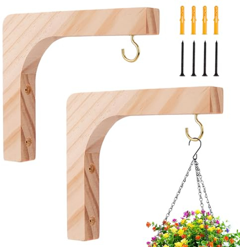 DICOSMETIC 2 Sets Wood Plant Hooks L-Shaped Wooden Plants Hanger 12.9x15cm Hanging Plant Holder Indoor and Outdoor Brackets Plants Hanger Wood Hook for Planters, Lanterns, Bird Feeders