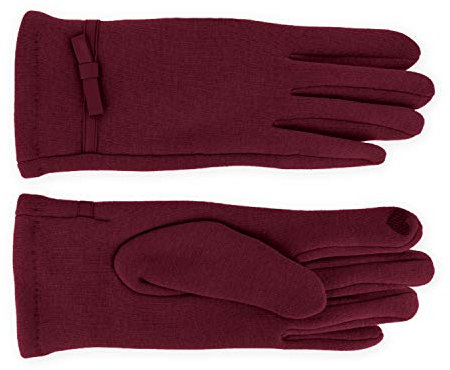 fiebig Handschuhe aus Jersey mit Schleife & Zierband | Teddy Fleece Innenfutter & Touchfunktion | leichter & warmer Damen Thermo Handschuh (M, Bordeaux)