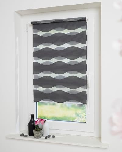 DECOLIA by Garesa Duo Rollo - Doppelrollo Klemmfix ohne Bohren 110 x 150 cm, Anthrazit Wellendesign - Fenster Sichtschutz und Lichtschutz, Mit Kettenzug