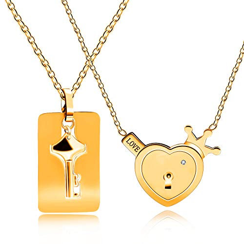 Uloveido Gold Plated Crown Love Heart Lock & Shield Key Pendant Necklace Set Charms His and Hers Couples Jewelry Y844