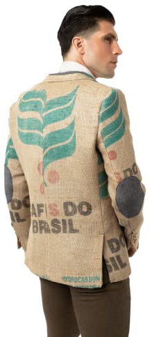 THE COFFEE JACKET Exklusiver Designer-Sakko für Herren aus brasilianischen Kaffeesäcken mit originalen Kaffeefarm-Prints, Olivenholz-Knöpfen & Ellenbogen-Patches
