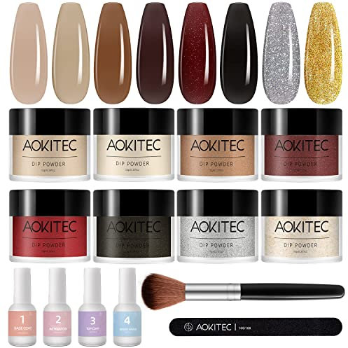 Dipping Powder Nails Set, Aokitec 14Pcs Dip Pulver Nagel Starter Kit 8 Farben Dipping Powder Acryl Nail Puder Glitzer mit Aktivator Basis-/Decklack für Nails Art Maniküre DIY Salon(Dual Personality)