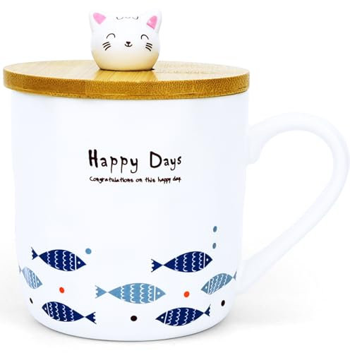 Arawat Katzentasse mit Deckel Süße Katze Tasse Geschenk 400 ml Keramik Kaffeetasse mit Löffel & Untersetzer Weihnachten Kakao Tee Kaffee Becher Süße Geburtstagsgeschenk für Freundin Frauen Mädchen