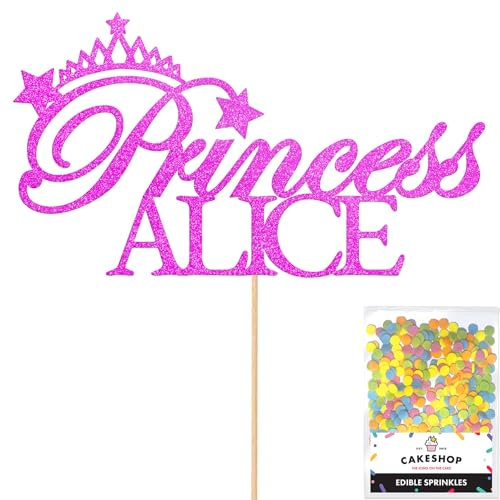 Personalised Birthday Princess Glitter Cake Topper- Pink Any Custom Name Glitter Cake Decoration and Sprinkles - Happy Birthday Decorations - Personalised Toppers for Cakes by Cakeshop