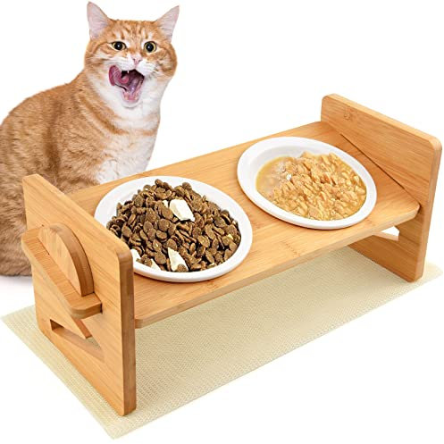 Gamelle Chat Surélevée,Ceramique Gamelle Surelevee pour Chats et Petits Chiens, Bois Réglable avec 2 Bols en céramique et Tapis antidérapants