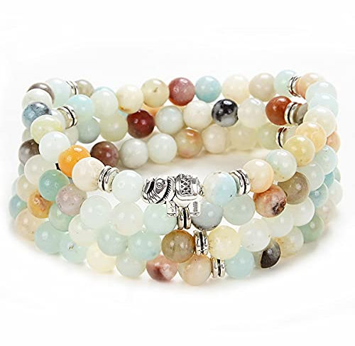 108 Mala-Stein-Perlen-Halsketten-Wrap-Handgelenk-Armband mit Elefanten-Charme-handgemachtes Schmuck-Geschenk (Amazonit (Amazonite))