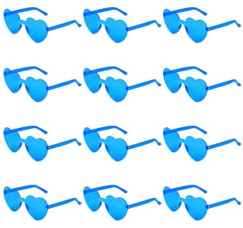 KINBOM 12 Stück Herzförmige Randlose Sonnenbrille, Liebesherz Transparent Getönte Sonnenbrille Rahmenlose Bonbonfarben Brille für Frauen Party Cosplay (Blau)
